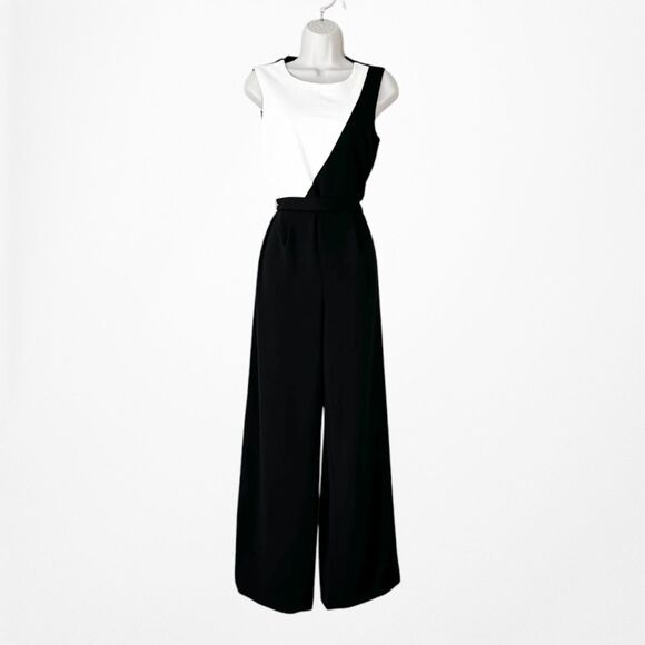 Vintage Y2K Black White Colorblock Sleeveless Wide Leg Waist Tie Jumpsuit Size M - Picture 3 of 8